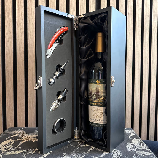 Black Wine Presentation Box with wine accessories
